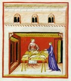 The Tacuinum (sometimes Taccuinum) Sanitatis is a medieval handbook on health and wellbeing, based on the Taqwim al‑sihha تقويم الصحة ('Maintenance of Health'), an eleventh-century Arab medical treatise by Ibn Butlan of Baghdad.<br/><br/>

Ibn Butlân was a Christian physician born in Baghdad and who died in 1068. He sets forth the six elements necessary to maintain daily health: food and drink, air and the environment, activity and rest, sleep and wakefulness, secretions and excretions of humours, changes or states of mind (happiness, anger, shame, etc). According to Ibn Butlân, illnesses are the result of changes in the balance of some of these elements, therefore he recommended a life in harmony with nature in order to maintain or recover one’s health.<br/><br/>

Ibn Butlân also teaches us to enjoy each season of the year, the consequences of each type of climate, wind and snow. He points out the importance of spiritual wellbeing and mentions, for example, the benefits of listening to music, dancing or having a pleasant conversation.<br/><br/>

Aimed at a cultured lay audience, the text exists in several variant Latin versions, the manuscripts of which are characteristically profusely illustrated. The short paragraphs of the treatise were freely translated into Latin in mid-thirteenth-century Palermo or Naples, continuing an Italo-Norman tradition as one of the prime sites for peaceable inter-cultural contact between the Islamic and European worlds.<br/><br/>

Four handsomely illustrated complete late fourteenth-century manuscripts of the Taccuinum, all produced in Lombardy, survive, in Vienna, Paris, Liège and Rome, as well as scattered illustrations from others, as well as fifteenth-century codices.
