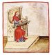 Iraq / Italy: 'Master Ububchaysm de Baldach (Ibn Butlan of Baghdad) seated at his desk. Illustration from Ibn Butlan's Taqwim al-sihhah or 'Maintenance of Health' (Baghdad, 11th century) published in Italy as the Tacuinum Sanitatis in the 14th century